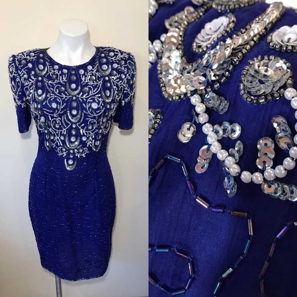Vintage 90s NWT Beaded Silk Fantasy Dress Royal Blue Women's Size 10 / SMALL